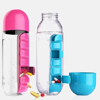 

600ML Water Bottle With Pillbox Plastic Drink Bottle With Medicine Pills Box Travel 7 Days Drug Organizer Drinking Container