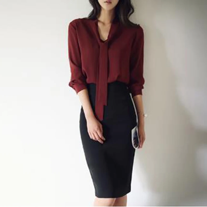 Модные корейские Blusas Mulher Elegantes женская рубашка с бантом офисные женские элегантные Однотонные блузки с длинными рукавами