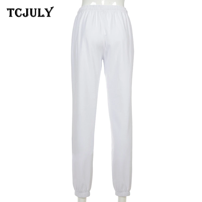 TCJULY Fashionable Flame Letter Printed Harem Pants High Waisted Drawstring Joggers Trousers Women Streetwear Casual White Pants