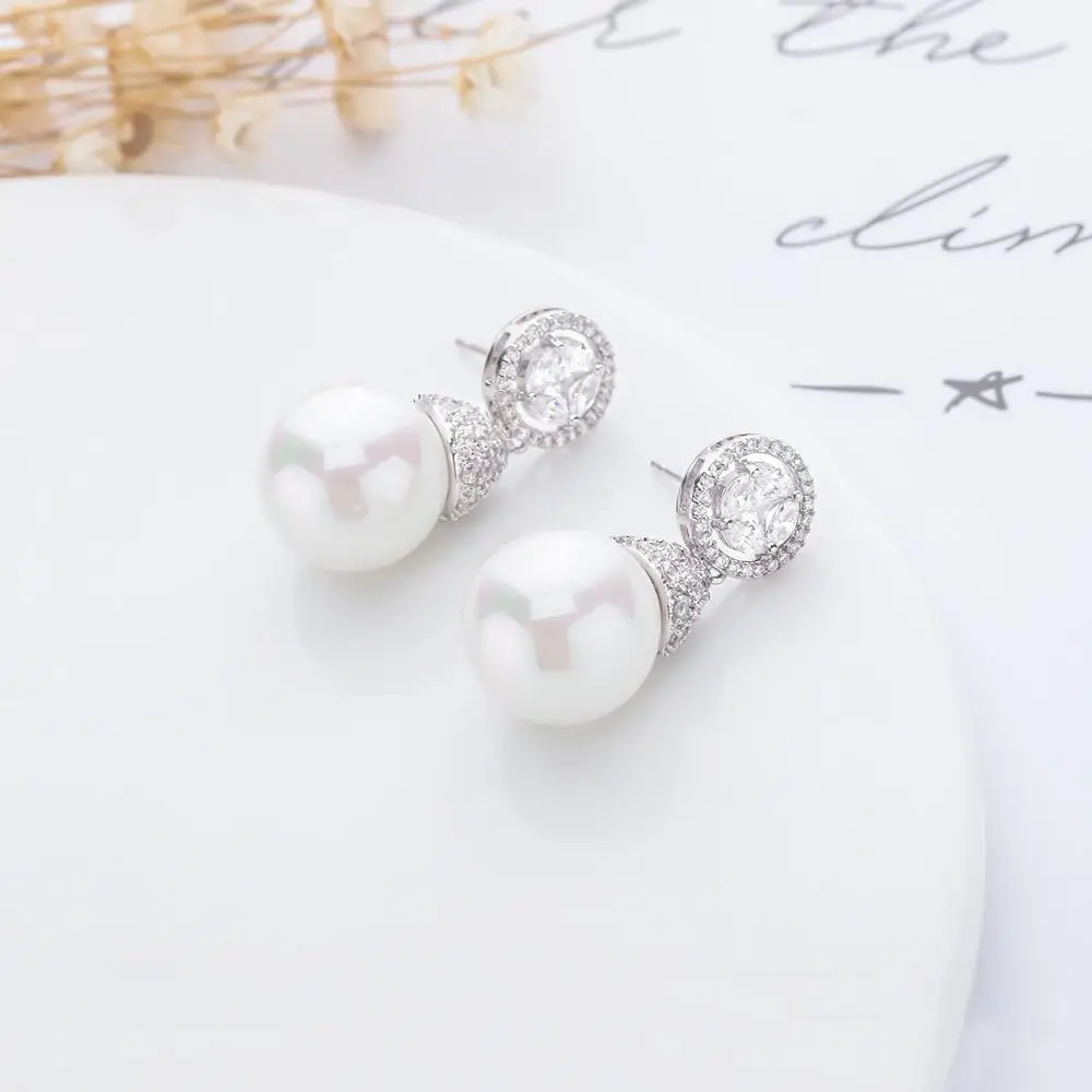 Pearl Cubic Zircon Drop Earrings for Wedding, Crystals Dangle Earring for Bride, Women Girl Gift CE10294