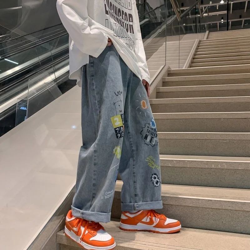 

2021 Men's Cartoon Pattern Printing Straight Jeans Loose Fashion American Streetwear Casual Pants Hip Pop Oversized Trousers