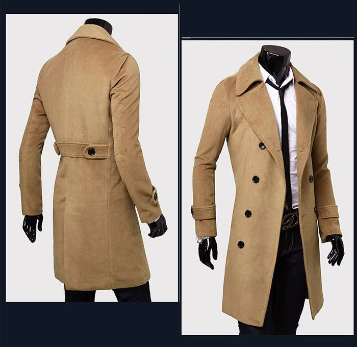 Long Slim Men Wool Trench Coat Double-breasted Lapel Windbreaker Male Fashion Autumn Winter Coat Long Design Trench Male