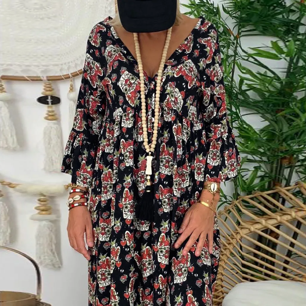 MISSOMO Длинное Макси Платье женское повседневное vestidos женское свободное плюс размер 5XL Женские платья с принтом, с длинными свободными рукавами рукав v-образный Вырез Винтаж 81