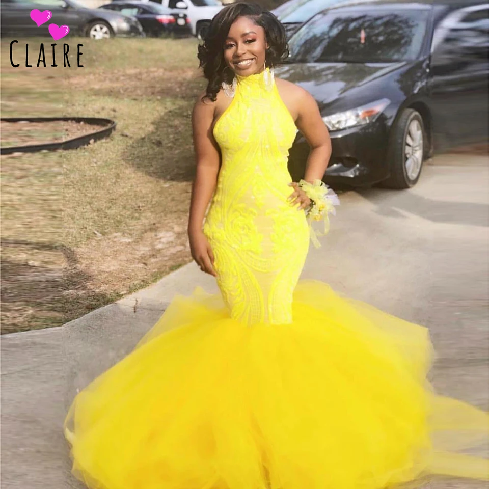

Yellow African Meremaid Long Prom Dresses Sequined Appliques Sleeveless Evening Party Gowns Sexy robe de soiree CP019