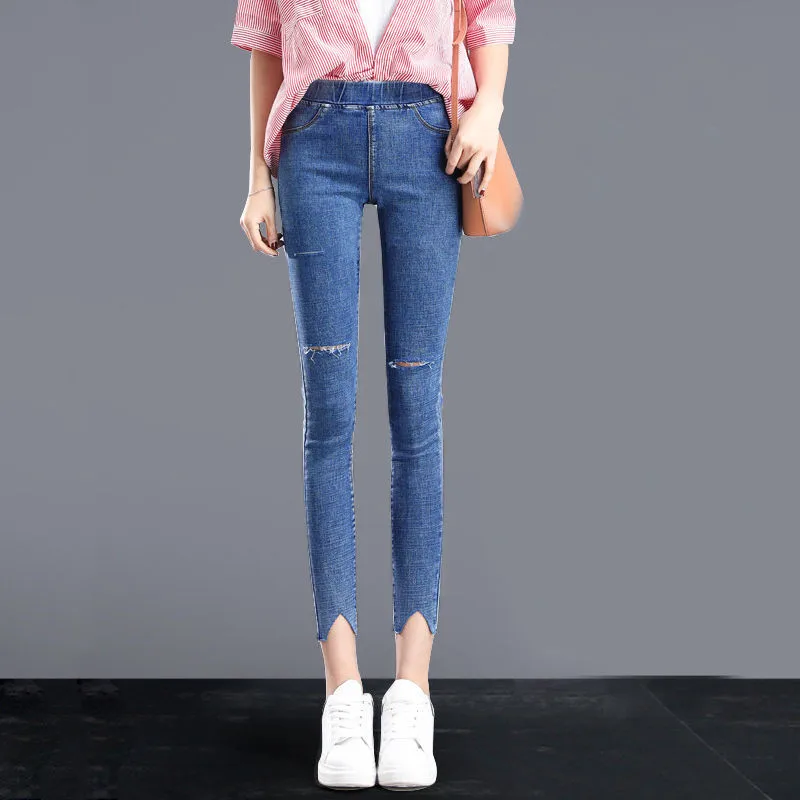 Ripped Blue Рваные джинсы для женщин, одноцветные джинсы с эластичной талией, женские повседневные джинсы с высокой талией, новинка, джинсовые брюки размера плюс, длинные брюки-карандаш - Цвет: Ripped Blue