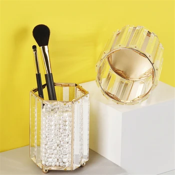 

Geometric Glass Pen Makeup Brush Holder Cup Cosmetic Storage Box Jewelry Container Desktop Stand Organizer For Women Home Decor