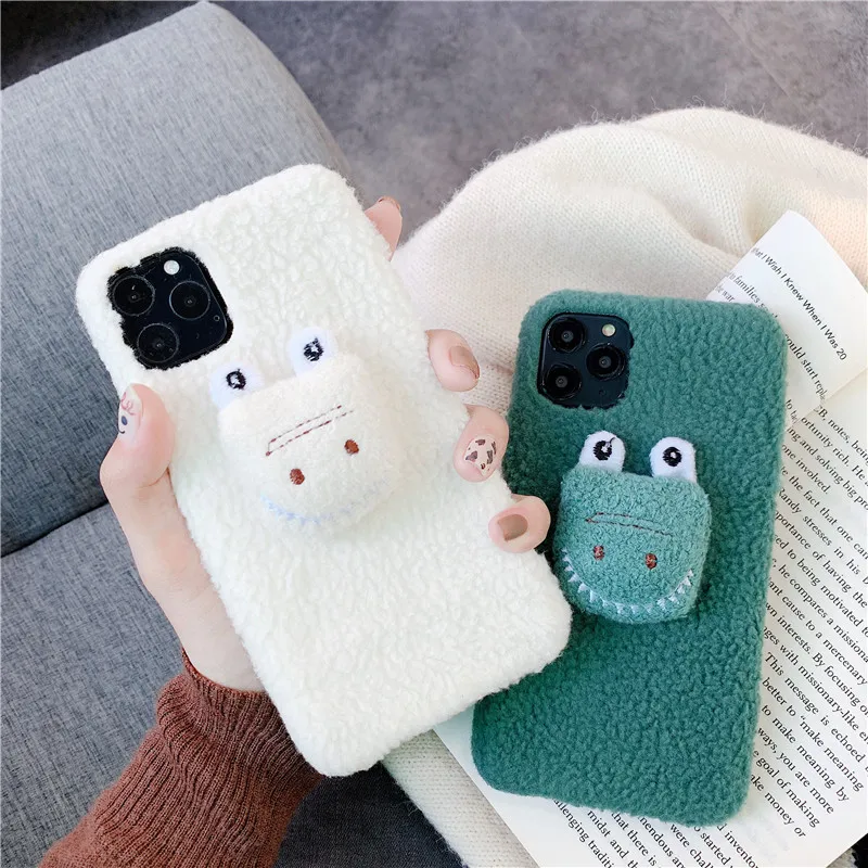 Плюшевая ткань 3D Крокодил чехол для телефона для iPhone 11 Pro MAX X XS Max XR 8 7 6s 6 Plus теплый кашемир модная мягкая задняя крышка
