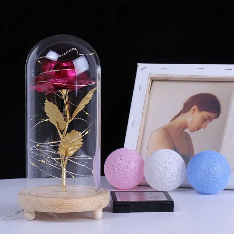 Galaxy Rose искусственная Золотая фольга роза USB питание светодиодный светильник в стеклянном куполе на деревянной основе