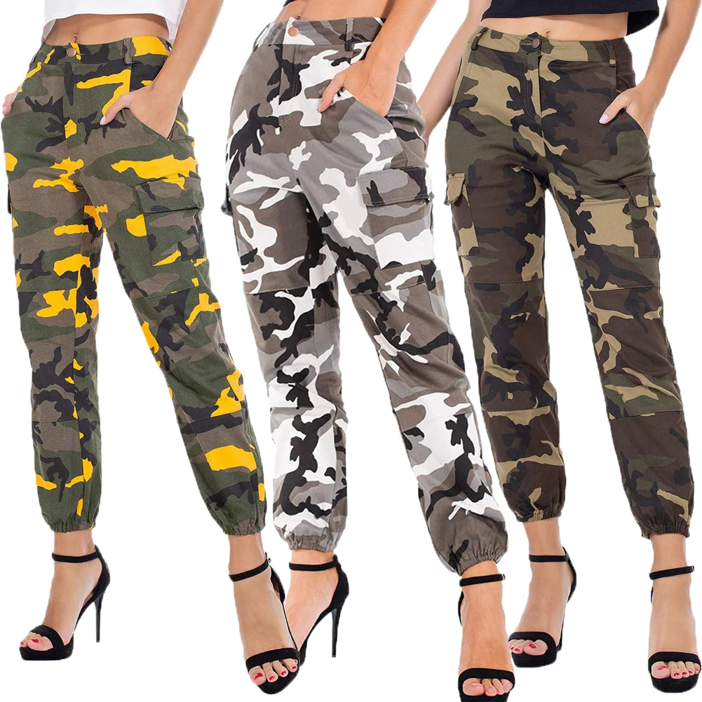 Женские брюки с высокой талией на молнии, накладные карманы, брюки для девушек, уличные, хип-хоп, повседневные, военный армейский боевой камуфляж, Брюки S-3XL