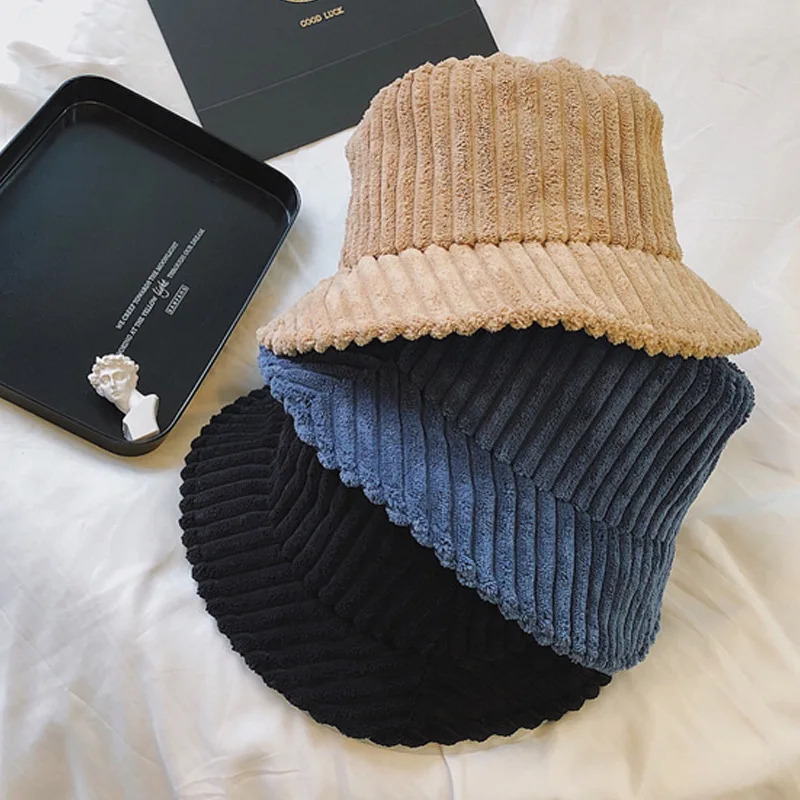 

South Korea New Style Wide-Wale Corduroy Bucket Hat Children Winter Korean-style Versatile Solid Color Flat Roof Bucket Hat Fash