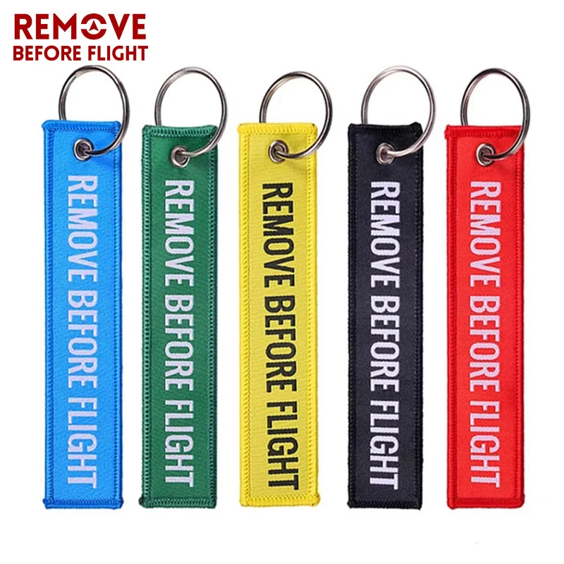 

100 PCS/LOT Remove Before Flight Keychains Woven Tag Special Luggage Label Red Chain Keychain for Aviation Gifts Keyring Jewelry
