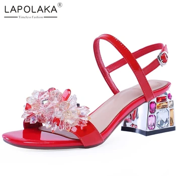 

Lapolaka New Arrivals Genuine Cow Leather Thick Heels Summer Sandals Women Shoes Woman Buckle Strap Flowers Casual Sandals