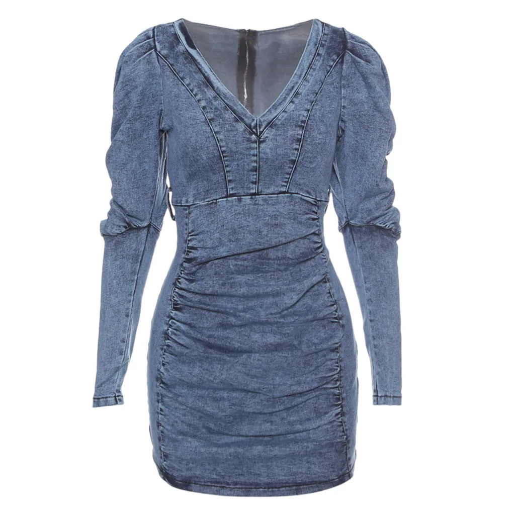 Feitong модное женское платье, Осеннее обтягивающее джинсовое платье с v-образным вырезом, модное джинсовое платье для вечеринки, клуба, мини-платье, платье для женщин