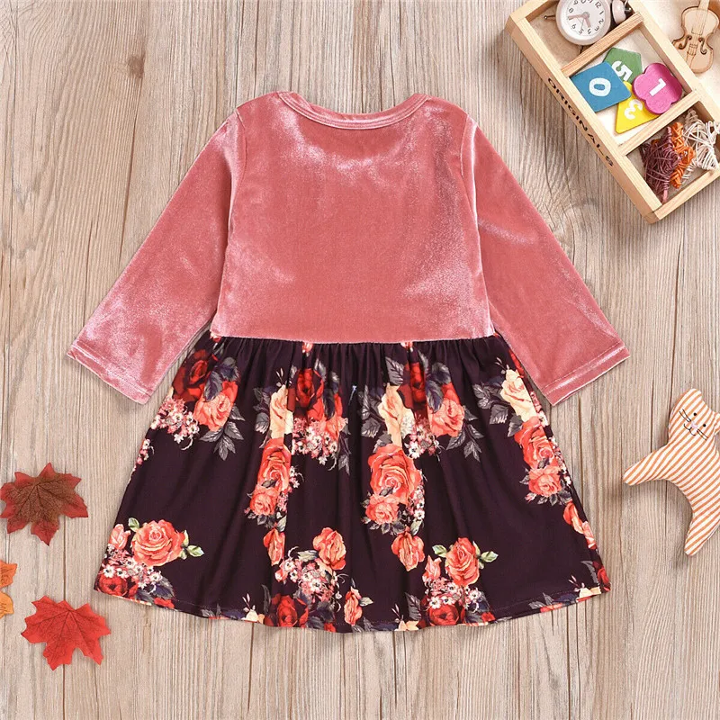 Toddler Infant Baby Girls Velvet Clothes Long Sleeves Floral Princess Dress