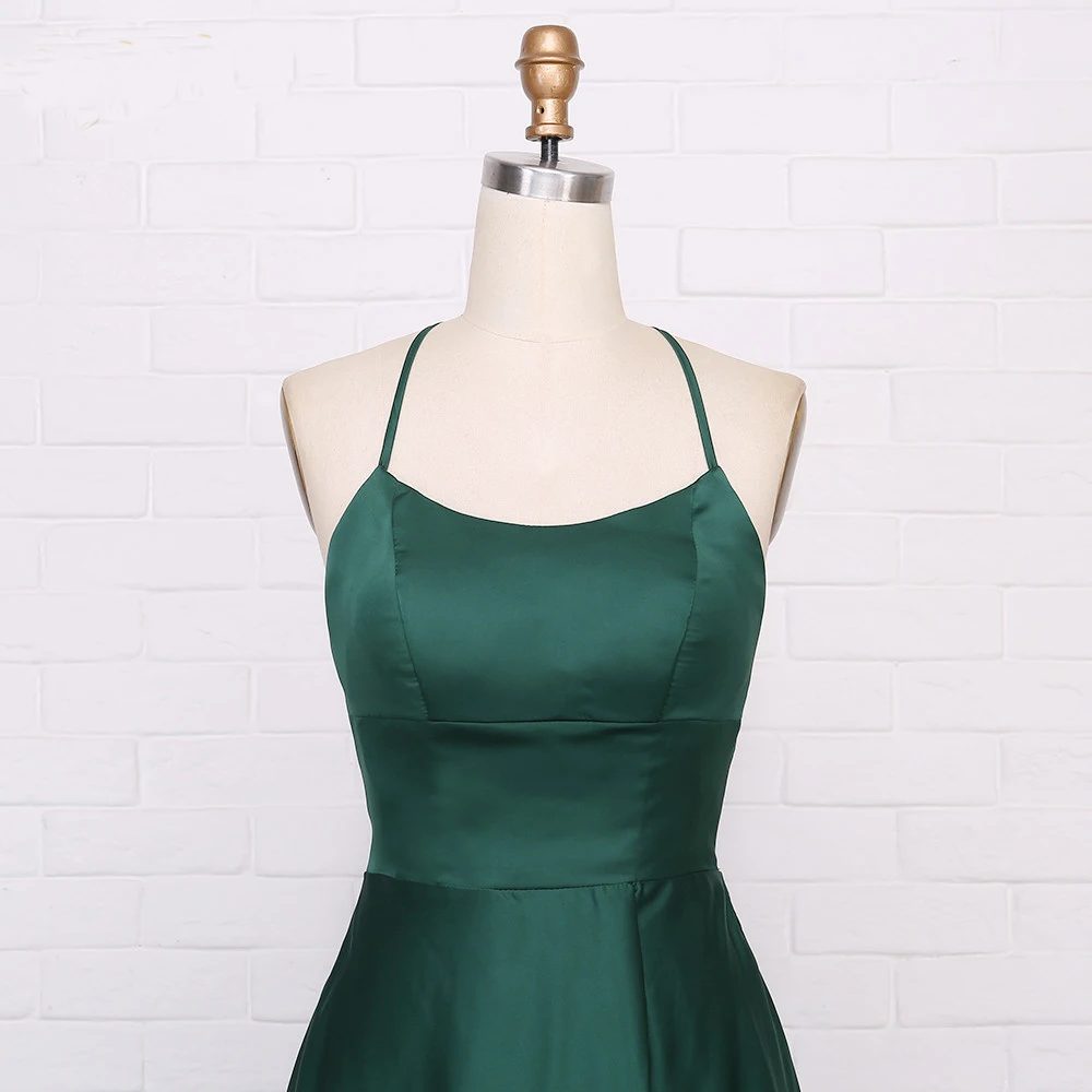 robe de soiree Sexy Dark Green Satin Evening Dress 2020 Slit Backless Prom Dress Halter Straps Back Evening Gowns Party Dress (3)