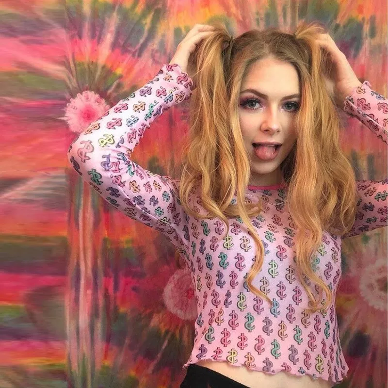 

2019 Women O-Neck Dollar Sign Print T Shirt Streetwear Mesh Crop Tops Pink Long Sleeve Party T Shirt