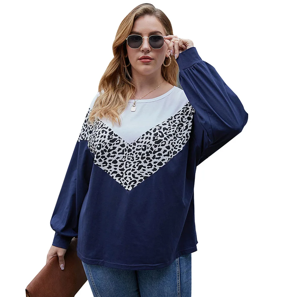 

4XL Leopard Printed T-Shirts Women Plus Size Winter Long Sleeve Tee Shirts Ladies Contrast Colour Round Neck Tshirts Femme D30