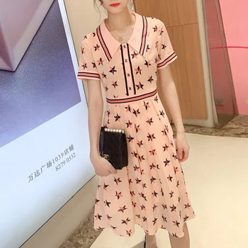 

Runway Print Star Short Sleeve Elegant Temperament Single Breasted Short Sleeve Pleated Dress Spring And Summer High Quality