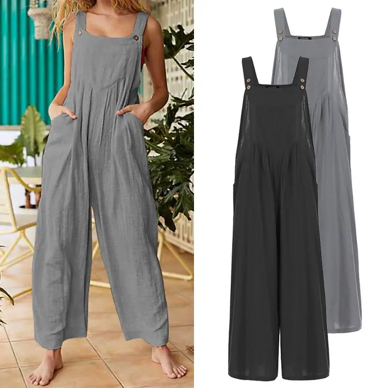 Plus Size VONDA Romper Women Jumpsuit 2020 Summer Female Wide Leg Jumpsuit Casual Loose Cotton Overalls Solid Strap Pants Plus Size VONDA Romper Women Jumpsuit 2020 Summer Female Wide Leg Jumpsuit Casual Loose Cotton Overalls Solid Strap Pants