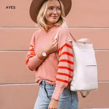 

Knitted Women Fashion Knitwear O Neck Streetwear Striped Pink Sweater Pullover O Neck Loose Sweaters Pullovers Jumper Pull Femme