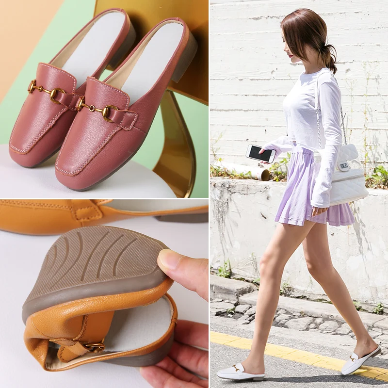 

Women's Sandals 2021 Fashion Leather Flat Black Pink Off White Female Boots Slippers Low Heels Spring Summer Ladies Shoes Mules