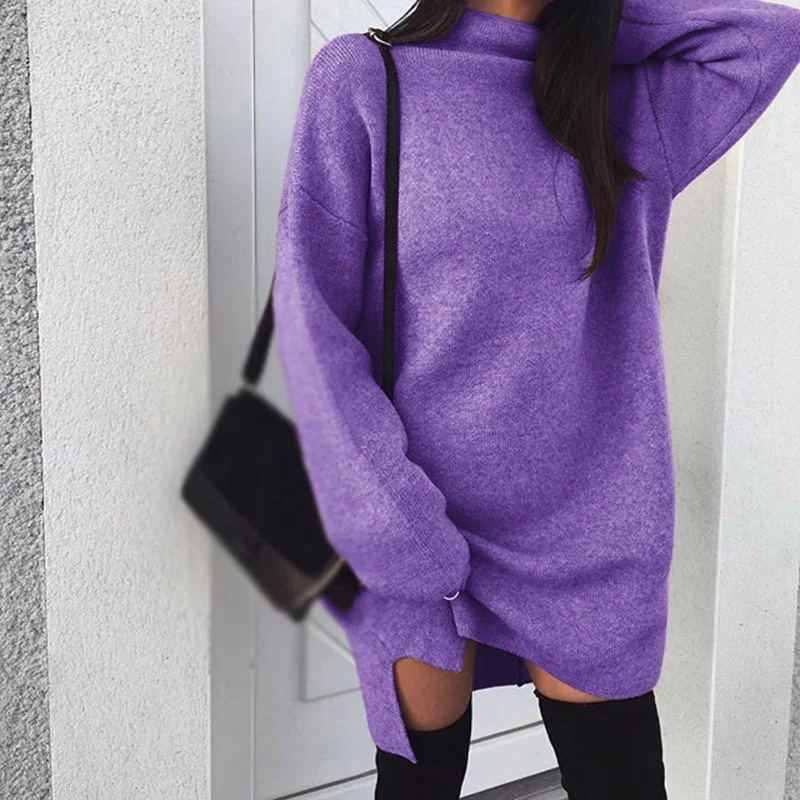 

Women's Sweater Dress Autumn Winter Loose Casual Knit Solid Color High Collar Long Sleeve Ladies Dress
