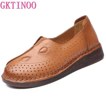

GKTINOO Summer Retro Hollow Slip-On Flat Women'S Shoes Genuine Leather 2019 Hole Breathable Soft Loafers Flats Shoes Woman Flat