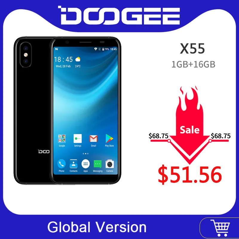 DOOGEE X55 Android 7,0 5,5 дюймов 18:9 HD MTK6580 четырехъядерный 16 Гб rom Двойная камера 8,0 МП 2800 мАч боковой сканер отпечатков пальцев Смартфон