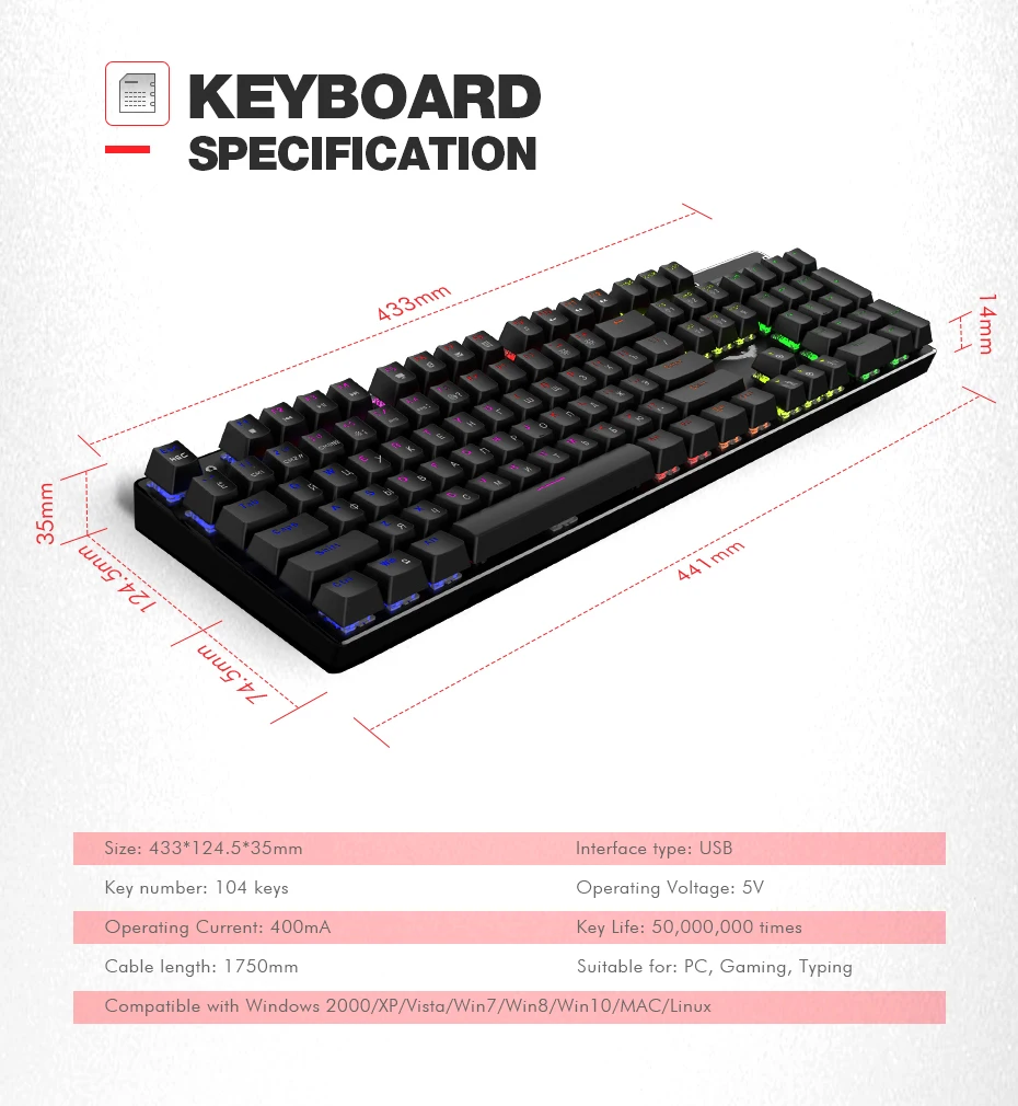 HAVIT Gaming Mechanical Keyboard 87/104 keys USB Wired keyboard Blue/Red Switch Backlit Keyboard US/Russian Version