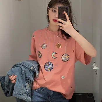 

2020 Summer Oversized Embroidered Sequin Graphics Students Loose Short Sleeve T-shirt Women Casual Fashion Chis Pullover Tops