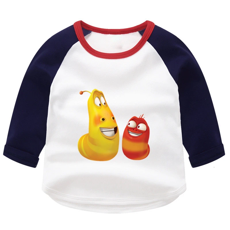 wholesale Animation Larva Summer O-Neck PRINT Tops Boys Girls splice color Long sleeve Children Cartoon T shirt Baby