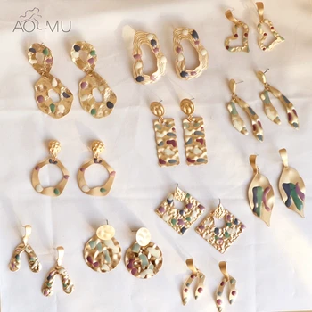 

AOMU 2019 Irregular Geometric Abstract Painting Glaze Color Retro Golden Metal Retro Drop Earrings for Women Girls Party Jewelry