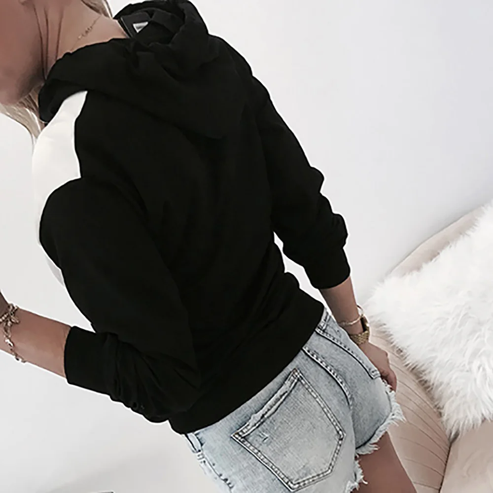  Autumn Women Hoodies Top Pullover Sweatshirt Long Sleeve Letter Printed Lady Hooded Shirt Patchwork