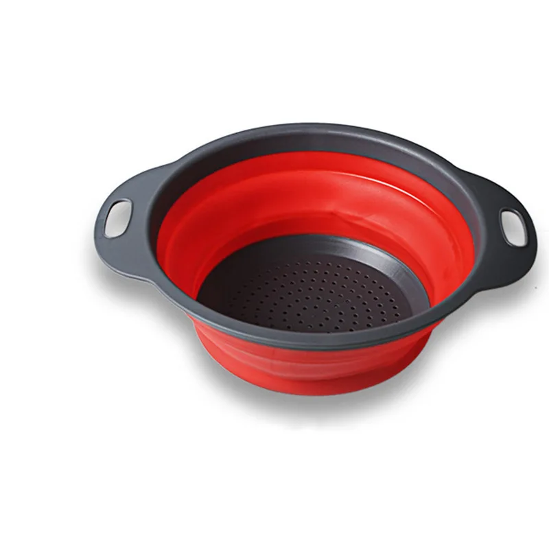 

OLOEY New One-Piece Large Size Folding Drain Basket-Red Round Drain Basket Telescopic Folding Fruit Brasket Rubber-Plastic Fruit