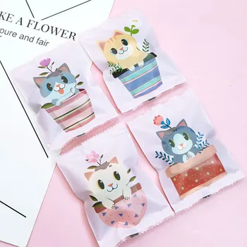 

100pcs Baby Shower Birthday Party Baked Goods Snacks Colored Plastic Bags Cute Cat Baby Flower Pot Flower 4In1 Frosted Pack Bag