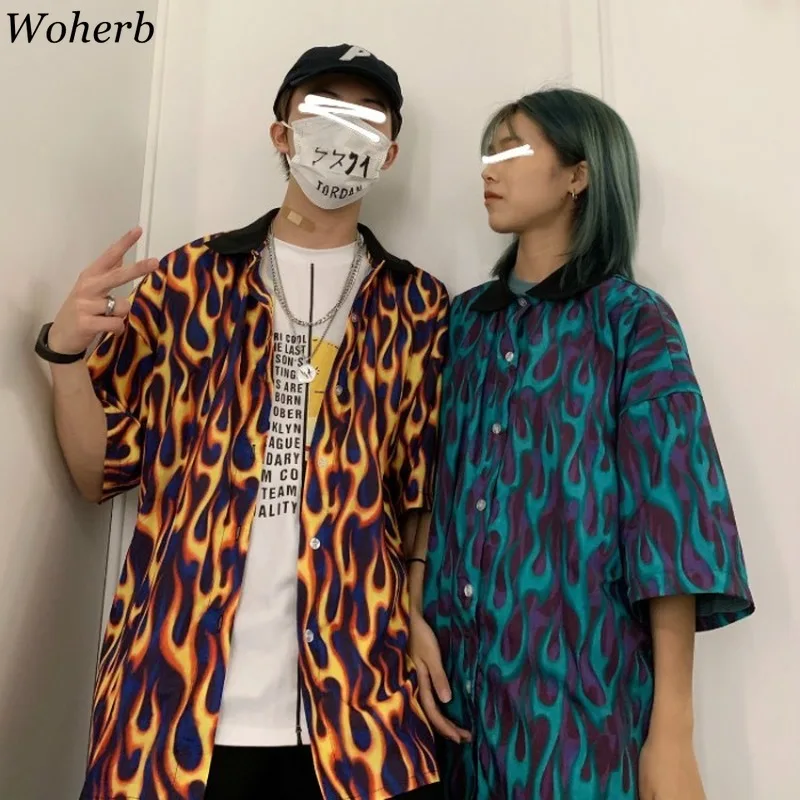 

Woherb Streetwear Flame Print Women Men Blouse Shirts Summer Short Sleeve Turn Down Collar Hit Color Loose Harajuku Blusas
