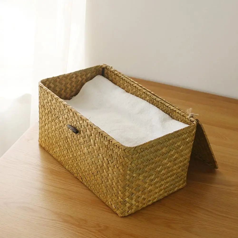 Ручная работа соломенная плетеная корзина для хранения с крышкой Органайзер для макияжа коробка для хранения Seagrass корзины для белья ротанговая шкатулка для ювелирных изделий