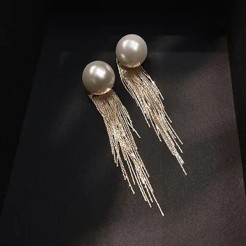 

SRCOI Imitation Round Pearl Long Earrings Baroque Style Metal Tassel Thin Chain Symmetrical Gold Color Earrings Women Jewelry