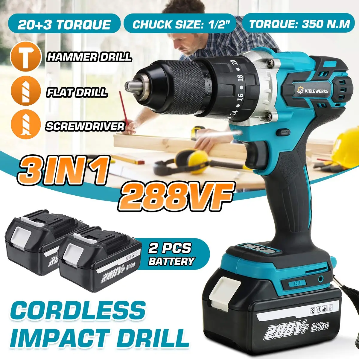 

288V 3 In 1 Brushless Electric Drill Screwdriver 20+3 Torque Variable Speed Cordless Hammer Impact Drill for Makita 18V Battery