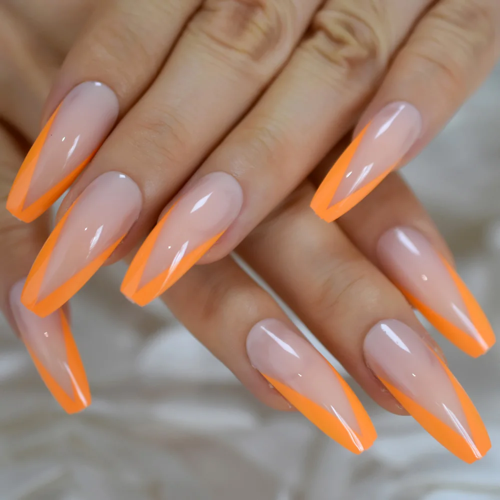 Glossy Leon Orange French Ballet Press On False Nails Extra Long Ballerina Coffin Gel False Fingersnails Extension Tool 24Pcs