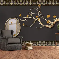 Украшение текстильные обои Новый китайский стиль Золотое настроение ветви дерева гинкго окна тиснением фоновая стена