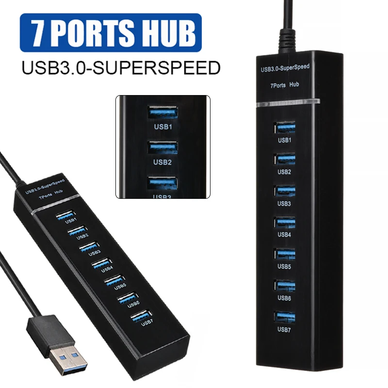 Pohiks 1m Black 7-ports High Speed USB 3.0 Hub Expansion Splitter Expander For Laptop/PC External Connect Accessories