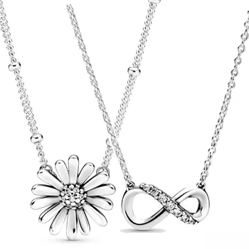 

Sparkling Infinity Pave Daisy Flower Collier With Crystal Necklace For Women Gift Pandora Jewelry 925 Sterling Silver Necklace
