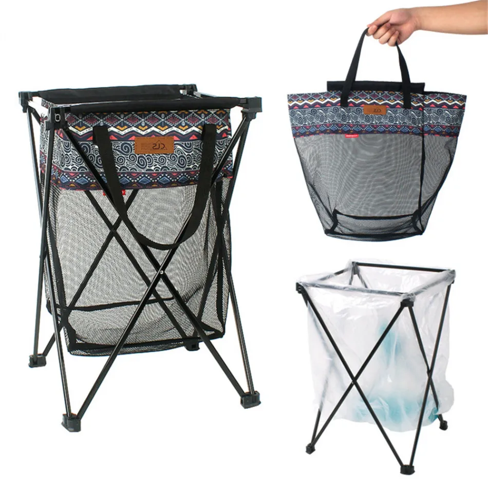 

Timelytrust Outdoor Camping Multifunctional Mesh Basket with Trash Bag Holder Cross Bracket Accessories Storage Basket