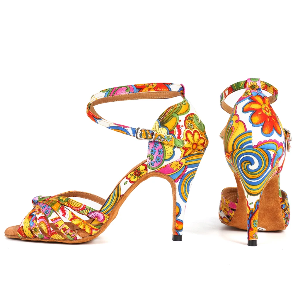 DKZSYIM Latin Dance Shoes For Women Female Ladies Ballroom Tango Dance Shoes Print Flowers Soft Bottom Salsa Dance Shoes 6-10CM 5