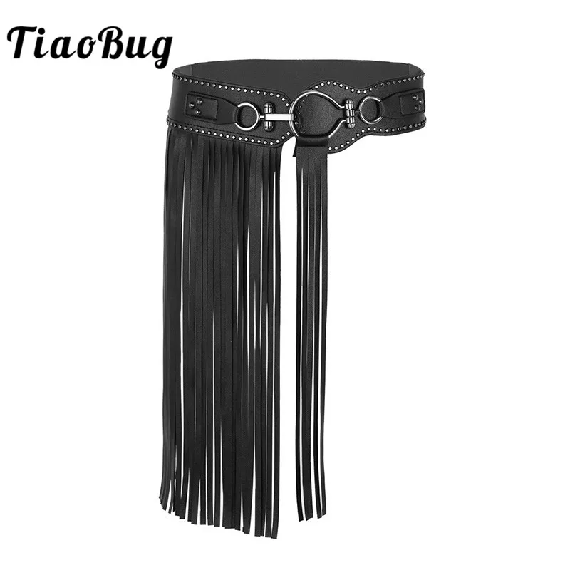 

TiaoBug Ladies Vintage Punk Gothic PU Leather Elastic Waistband Side Fringe Rave Festival Women Long Tassel Skirt Waist Belt