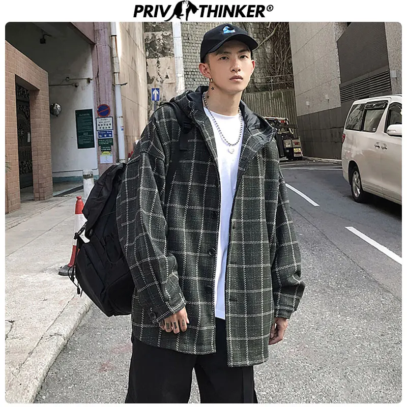Privathinker, мужское,, теплое, зимнее, шерстяное пальто, для мужчин, модное, с капюшоном, уплотненное, смесь, пальто, мужское, свободное, в клетку, зимнее, шерстяное пальто, s 5XL
