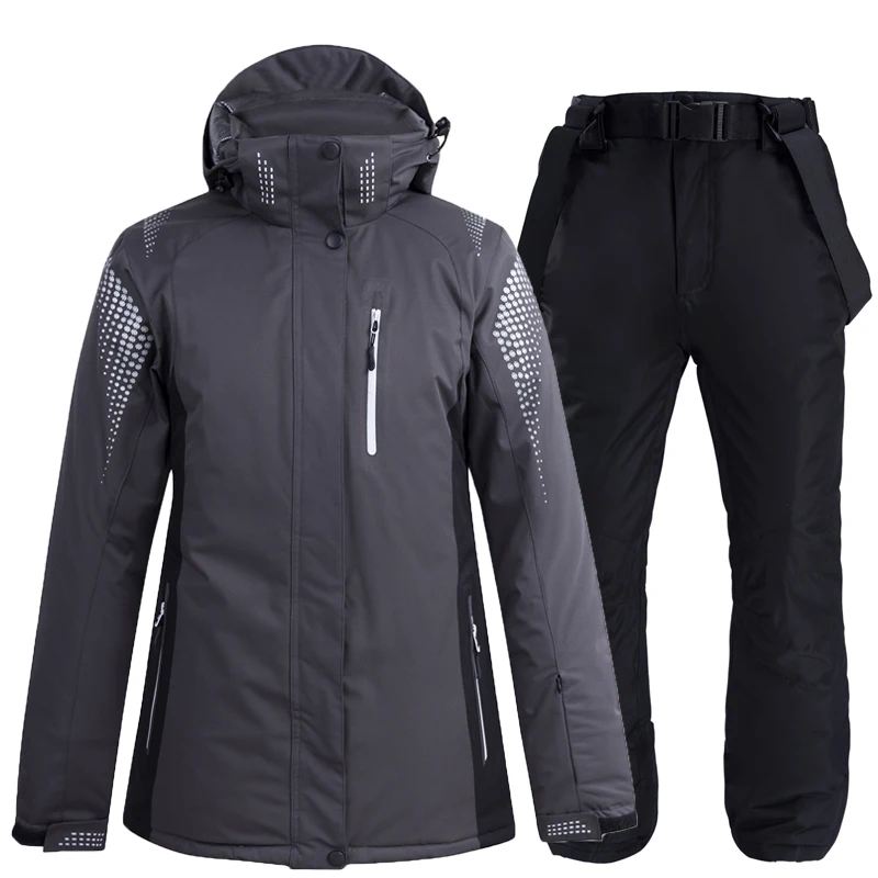 30 серый цвет Мужская и женская зимняя одежда Сноубординг наборы водонепроницаемые дышащие, для активного отдыха и спорта лыжные куртки+ нагрудники зимние брюки - Цвет: Pic Jacket  and pant