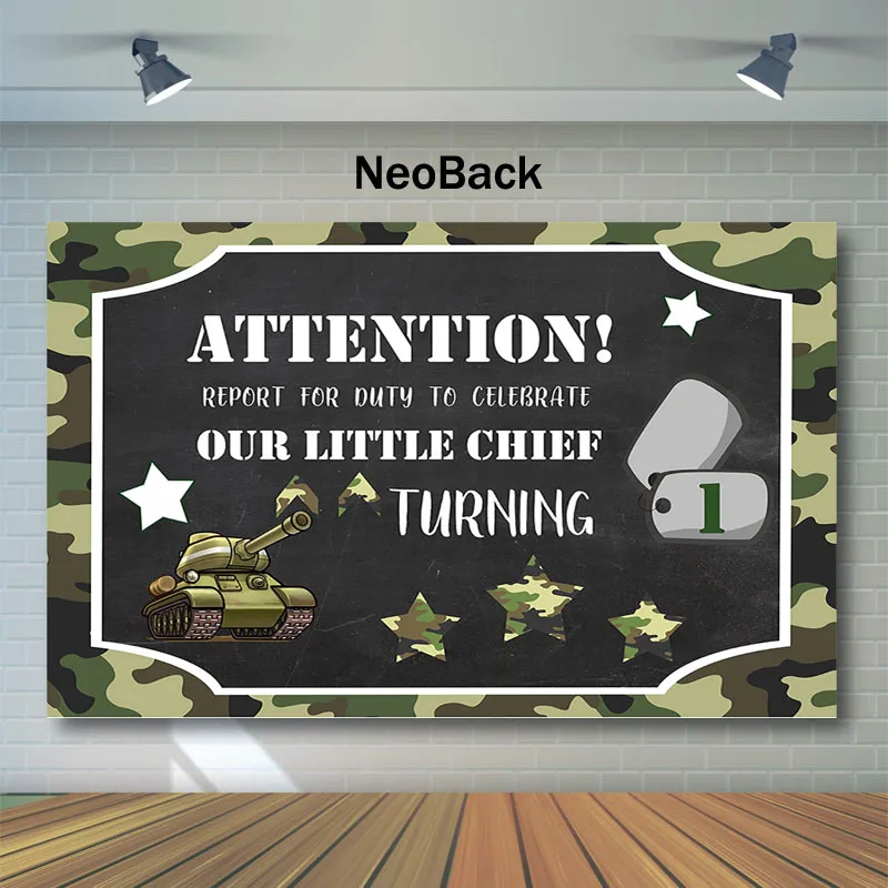 

NeoBack Army Sign First Birthday Backdrop Tank Boy's 1th Birthday Party Photography Backdrops Custom Birthday Party Banner