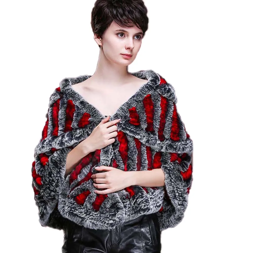 Red With Grey Настоящий мех кролика накидка пальто женская зимняя теплая шаль обертывания с карманом три слоя Свадебные/вечерние 5 цветов - Цвет: Red With Grey